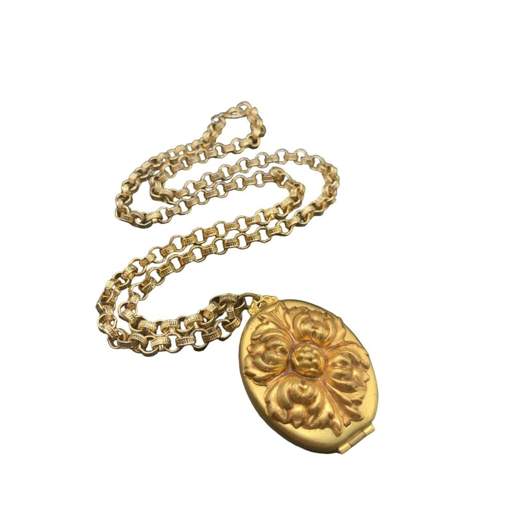 Vintage Repousse Locket Necklace Floral Oval Photo Holder Pendant Gold Tone